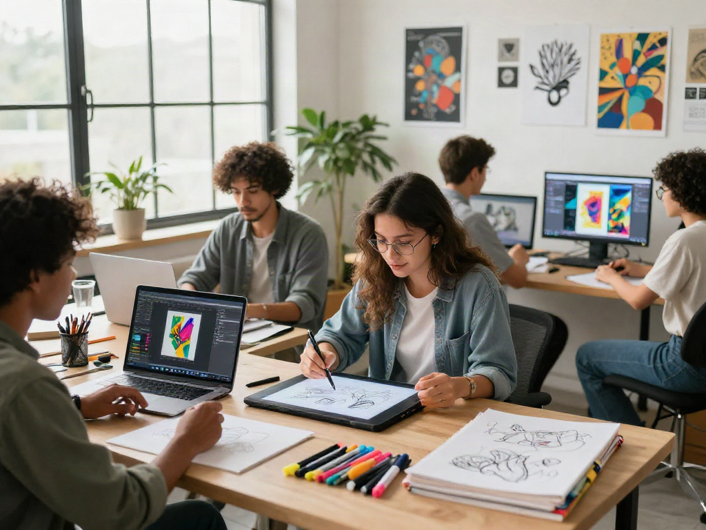 Creative digital artists collaborating on AI nsfw projects in a vibrant studio.