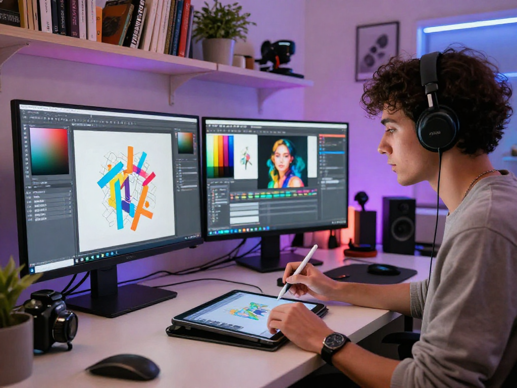 AI NSFW content creation in a vibrant digital art studio