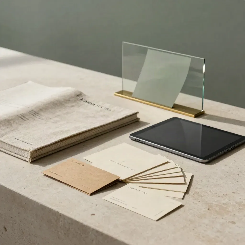 Brand book, packaging mockups, cards, tablet, and display panel on pale stone surface.