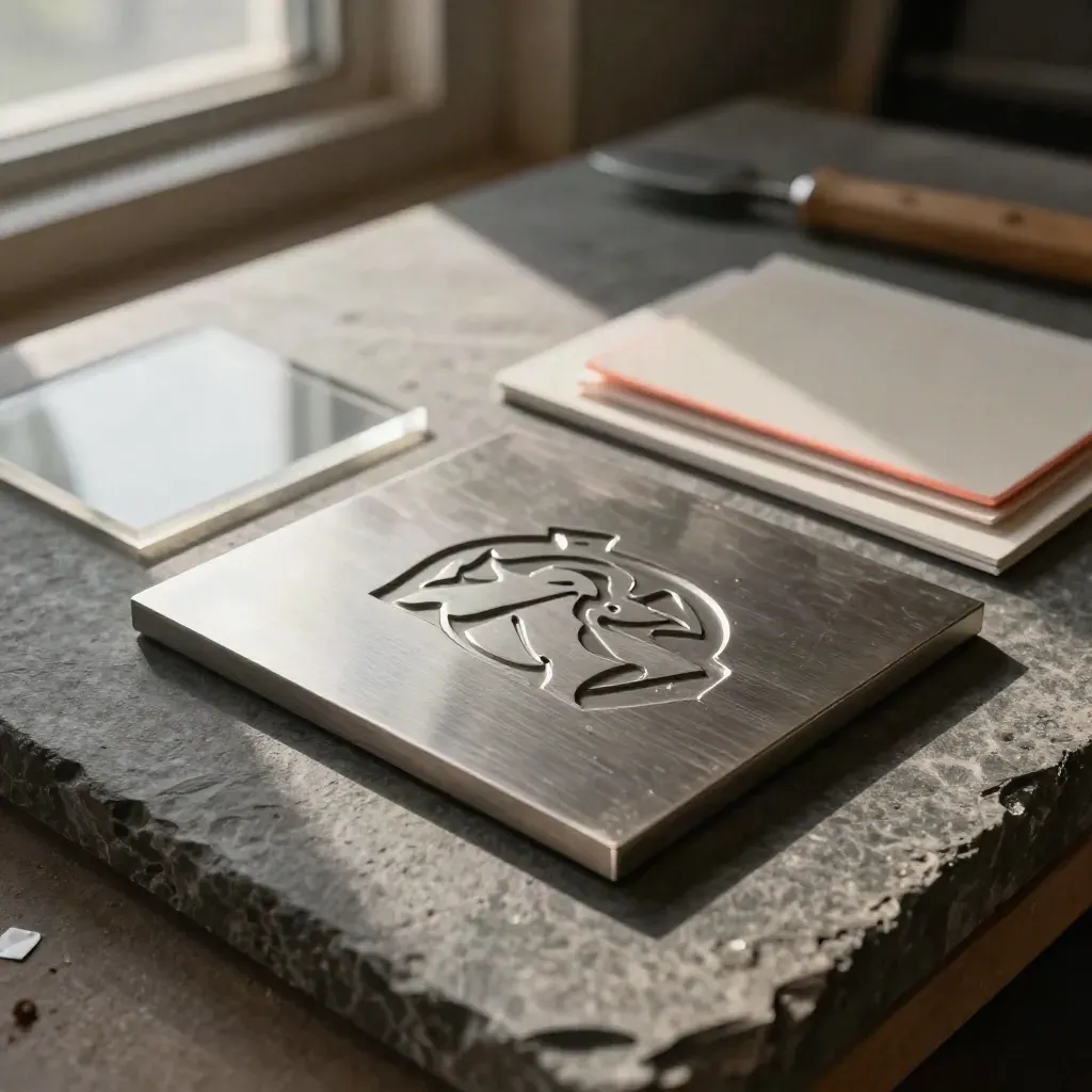 Embossed logo tiles and metal samples on dark stone in warm workshop light