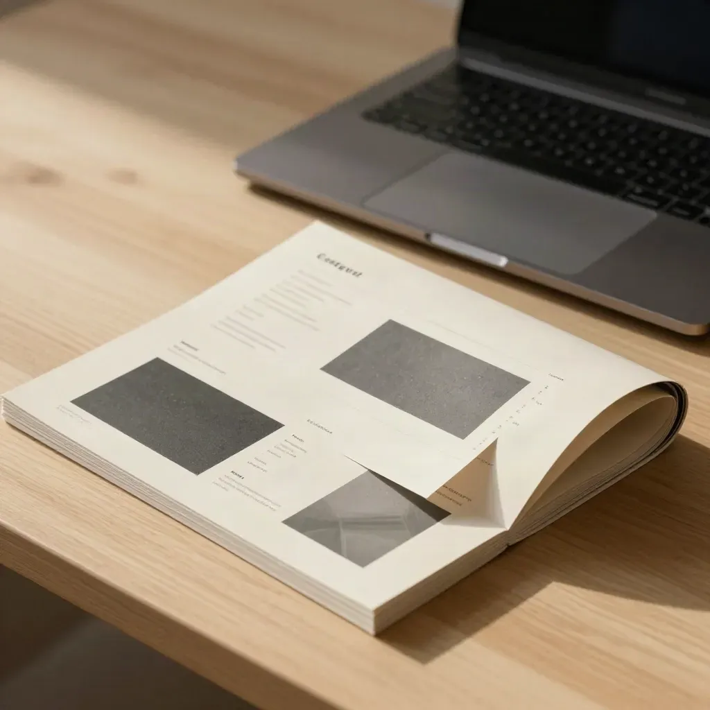 Laptop, layout sheets, and phone stand on pale wood desk, pages settling in motion.
