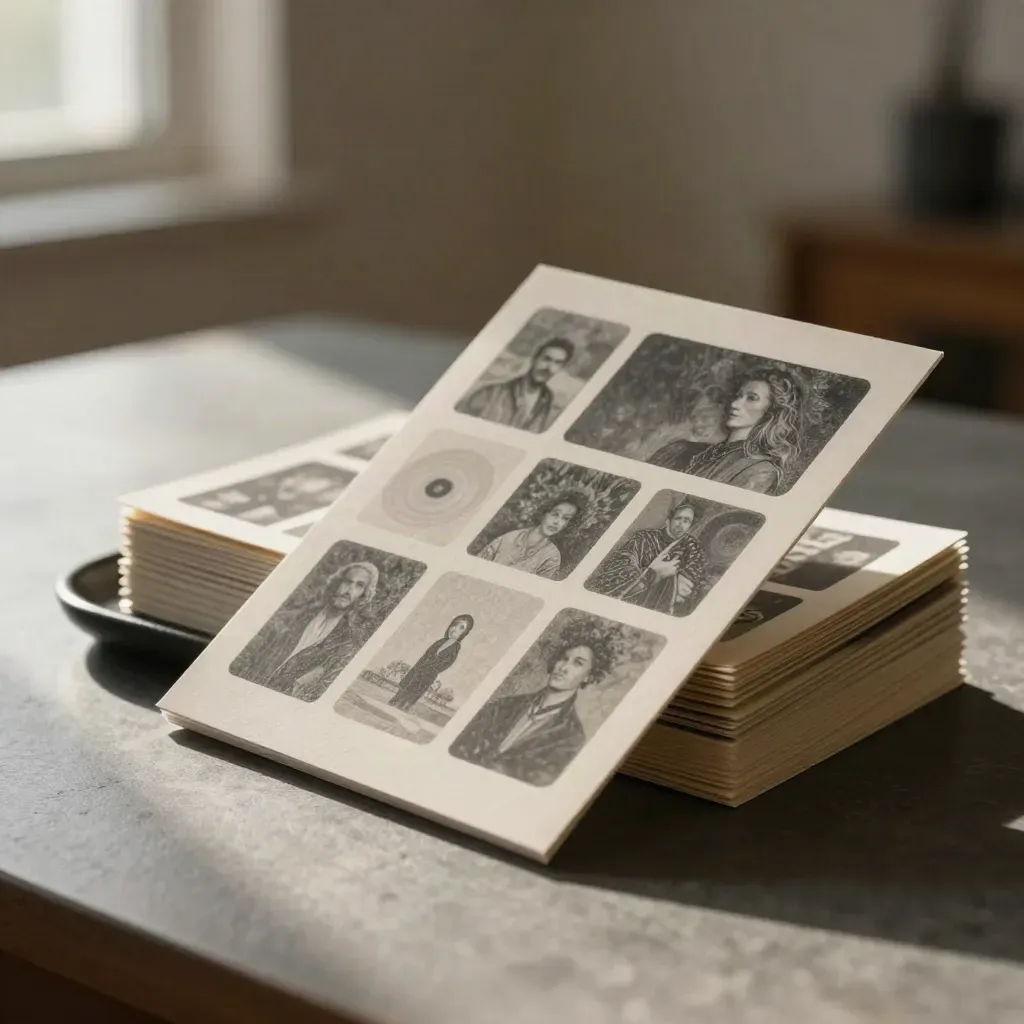Stack of social template proofs on a graphite desk in soft window light.