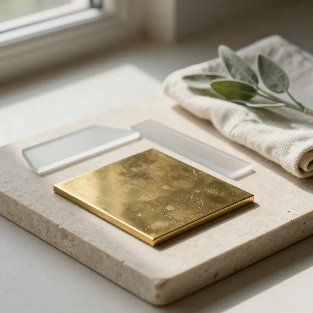 Brass logo tile with acrylic offcut, folded cloth and sage sprig on a pale stone tray.