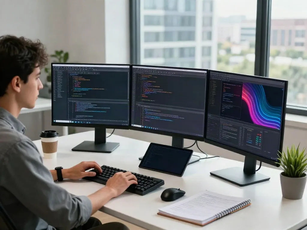 Software developer coding with instant indexing tools in a modern workspace