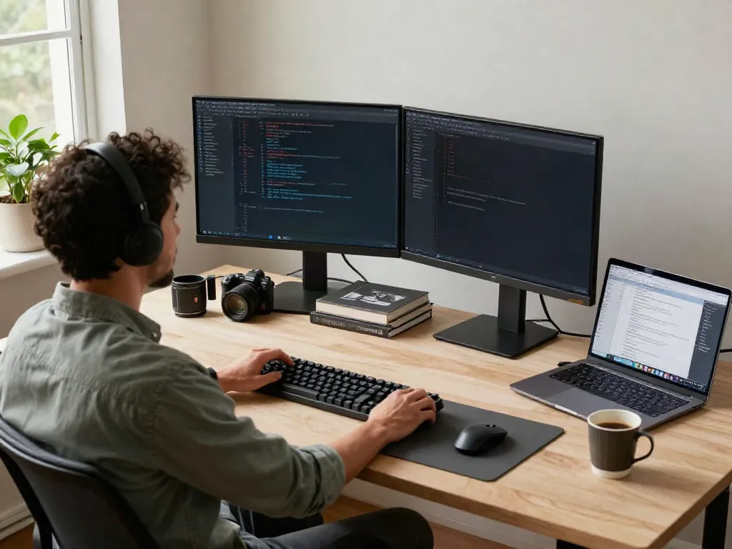 Developer utilizing a multi-model API at a modern workspace with dual monitors.